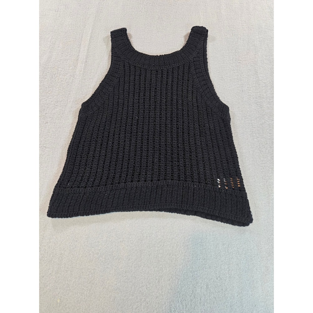 Bishop + Young Tank Top Women Small‎ Black Crochet Open Knit Cotton Sleeveless